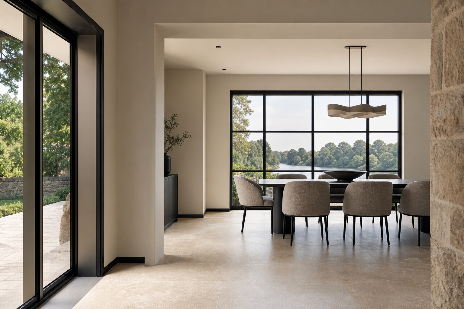 Modern interior with architectural steel glazing