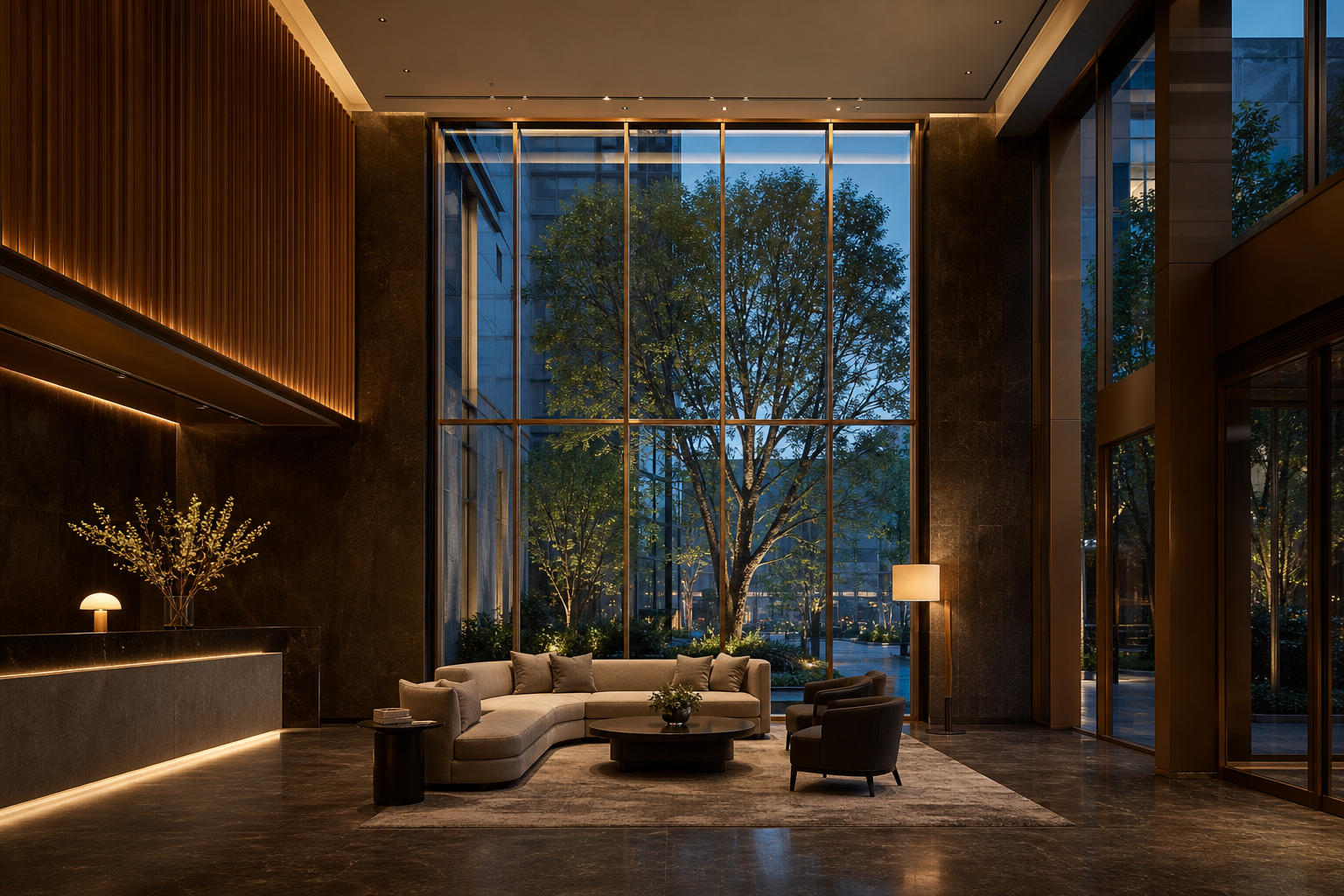 Bronze framed commercial lobby glazing